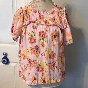 LC Lauren Conrad Pink Floral Smocked Yoke Blouse